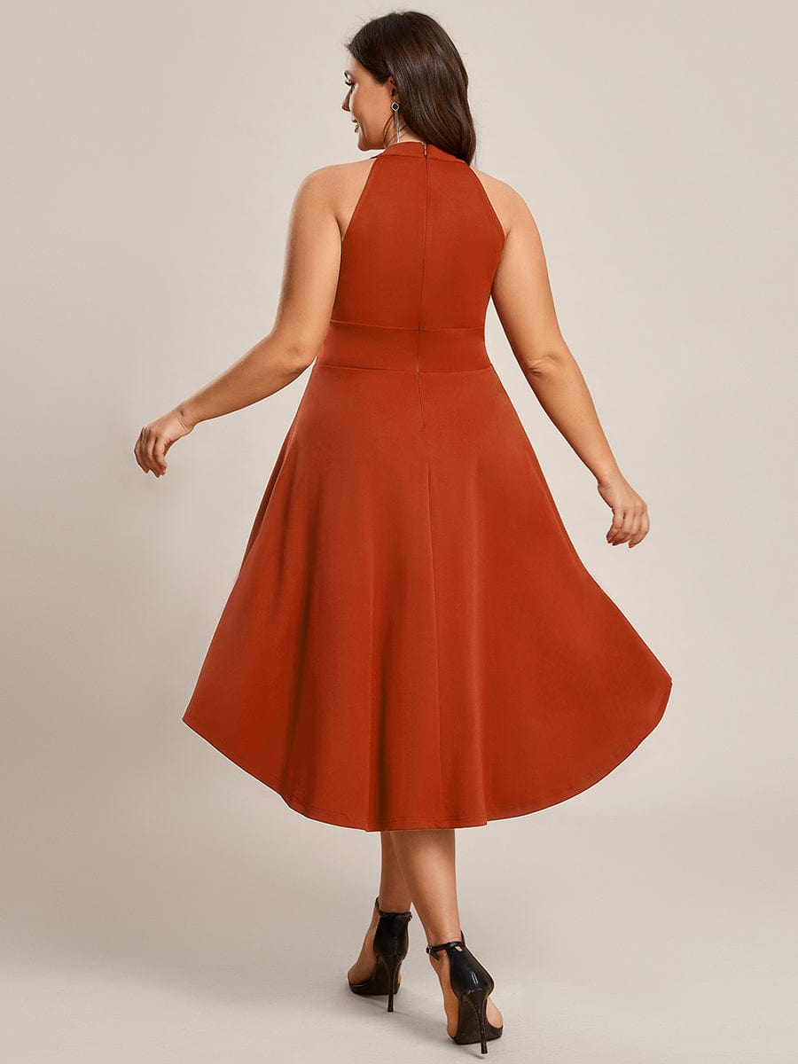 Elegant Halter Neck Midi Cocktail Dress for Plus Sizes