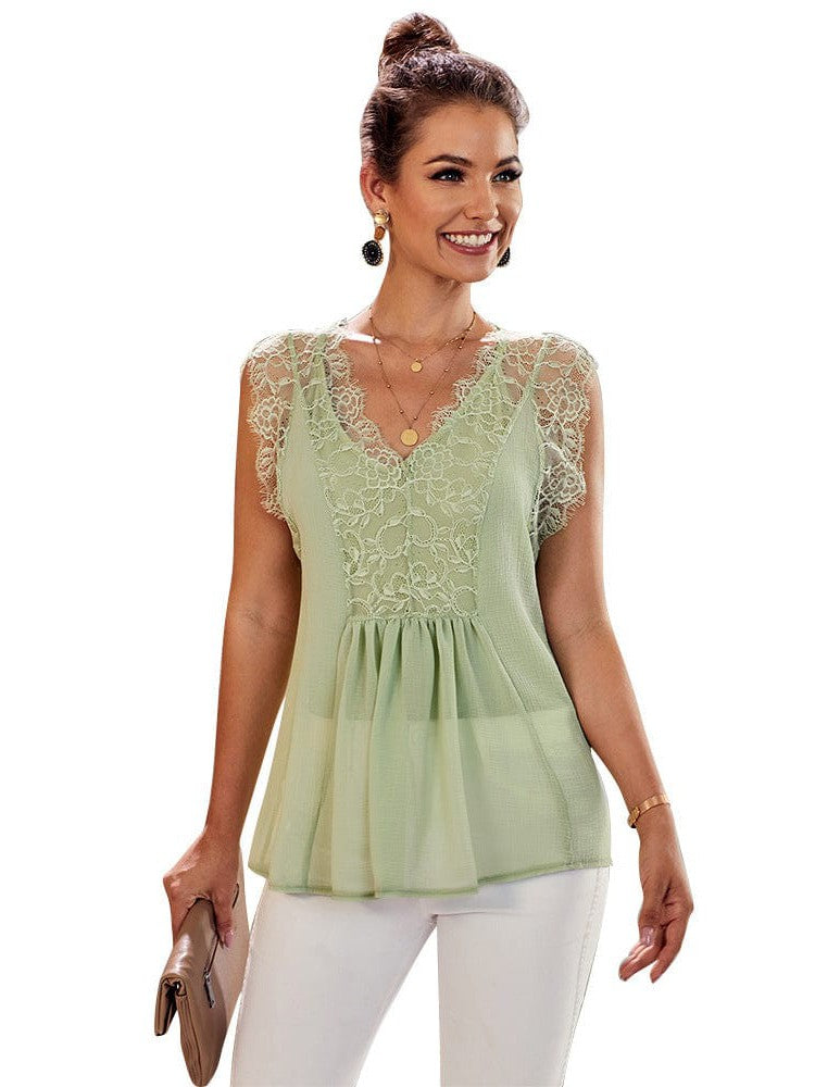 Elegant Hollow V-Neck Lace Tank Top for Women - Stylish Sleeveless Loose Fit Racer Top in Black or White