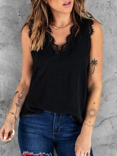 Elegant Hollow V-Neck Lace Tank Top for Women - Stylish Sleeveless Loose Fit Racer Top in Black or White