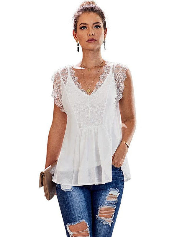 Elegant Hollow V-Neck Lace Tank Top for Women - Stylish Sleeveless Loose Fit Racer Top in Black or White