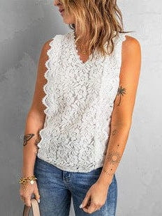 Elegant Hollow V-Neck Lace Tank Top for Women - Stylish Sleeveless Loose Fit Racer Top in Black or White