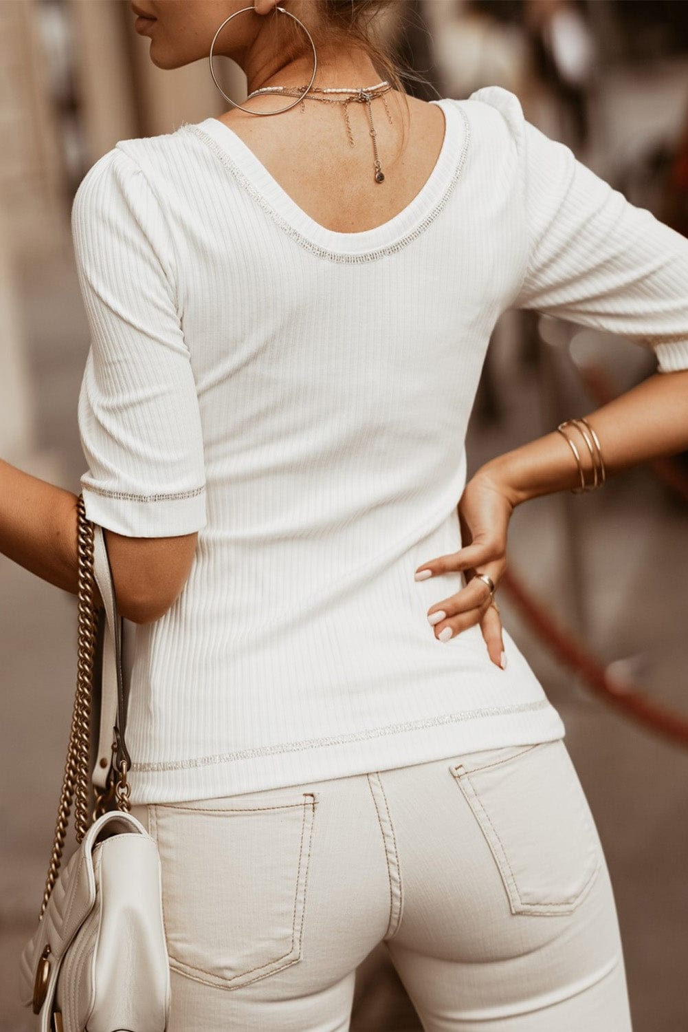 Elegant Ivory Ribbed Knit Top with Puff Sleeves