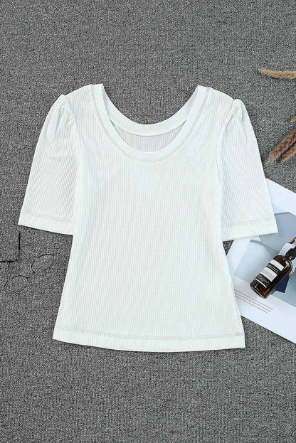 Elegant Ivory Ribbed Knit Top with Puff Sleeves