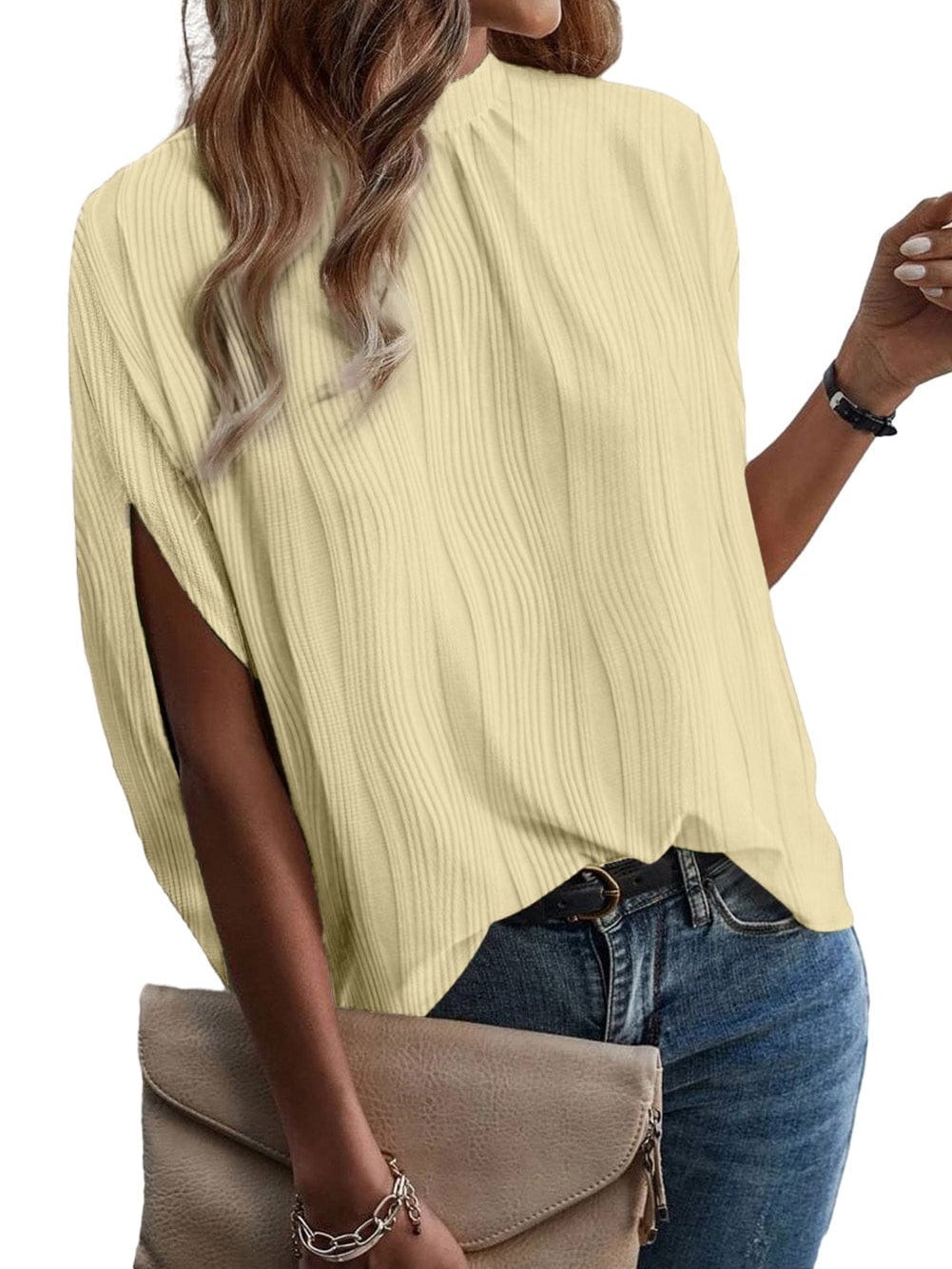 Elegant Ivory Textured High Neck Blouse with Split Sleeves