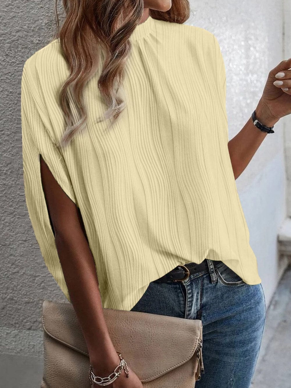 Elegant Ivory Textured High Neck Blouse with Split Sleeves