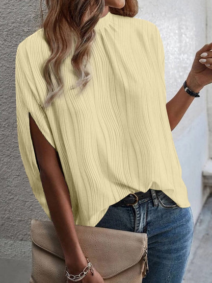 Elegant Ivory Textured High Neck Blouse with Split Sleeves