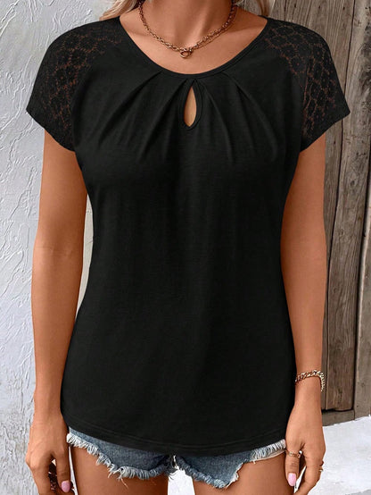 Elegant Keyhole Detail Top with Black Lace Sleeves