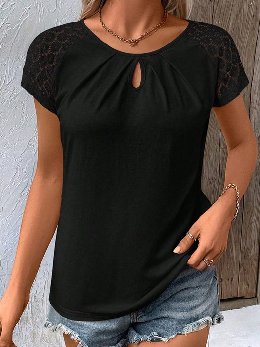 Elegant Keyhole Detail Top with Black Lace Sleeves