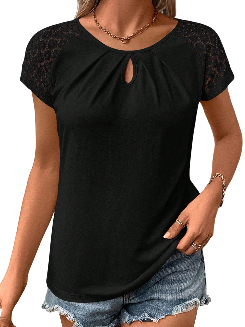 Elegant Keyhole Detail Top with Black Lace Sleeves