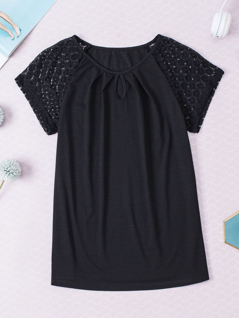 Elegant Keyhole Detail Top with Black Lace Sleeves