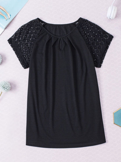Elegant Keyhole Detail Top with Black Lace Sleeves