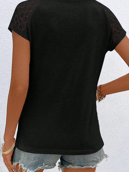 Elegant Keyhole Detail Top with Black Lace Sleeves