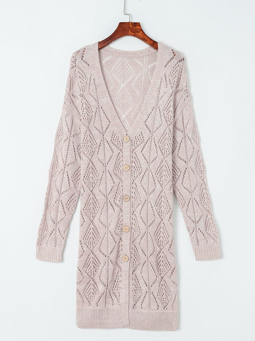 Elegant Khaki Crochet Knit Cardigan with Openwork Detail