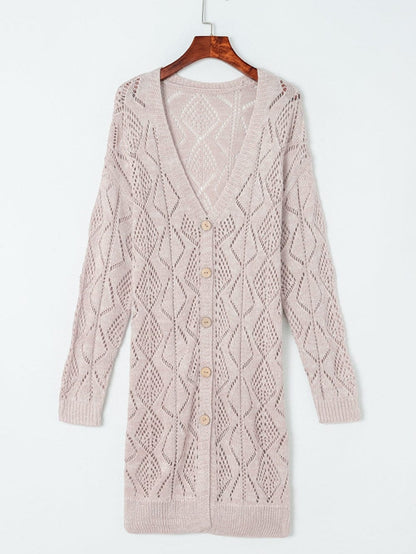 Elegant Khaki Crochet Knit Cardigan with Openwork Detail