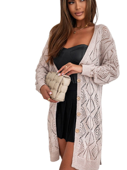 Elegant Khaki Crochet Knit Cardigan with Openwork Detail