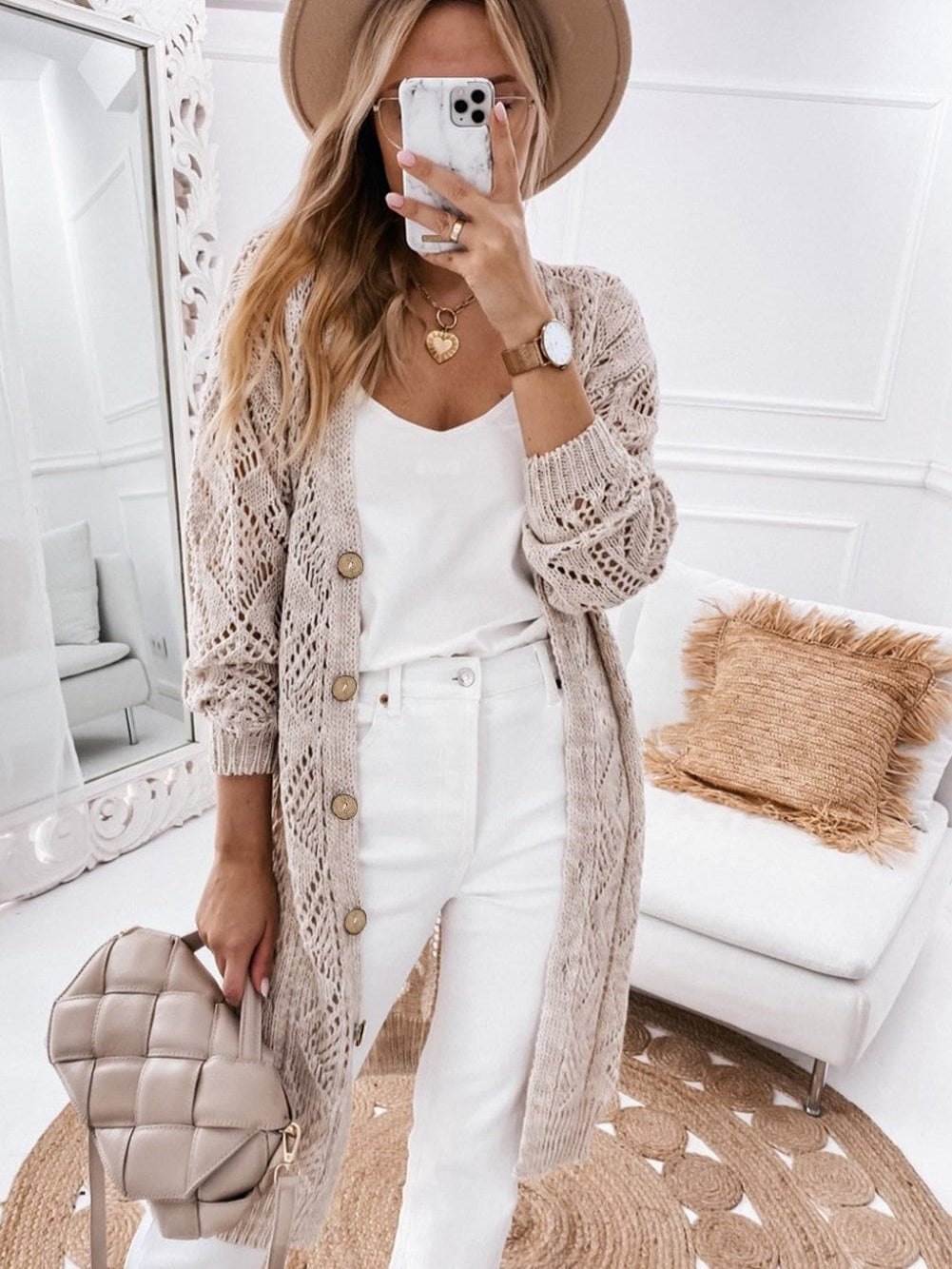 Elegant Khaki Crochet Knit Cardigan with Openwork Detail