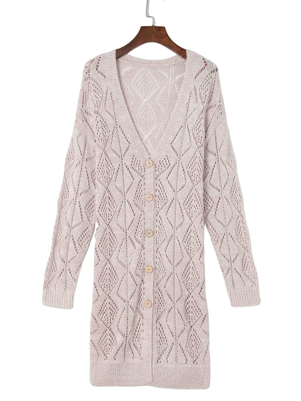 Elegant Khaki Crochet Knit Cardigan with Openwork Detail