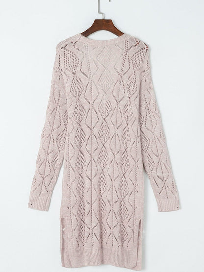 Elegant Khaki Crochet Knit Cardigan with Openwork Detail