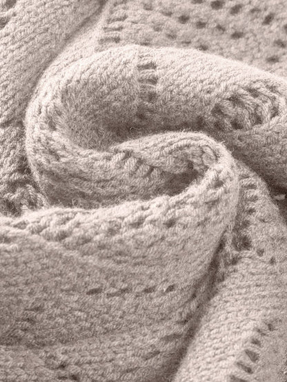 Elegant Khaki Crochet Knit Cardigan with Openwork Detail