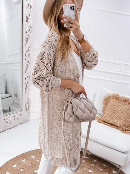 Elegant Khaki Crochet Knit Cardigan with Openwork Detail