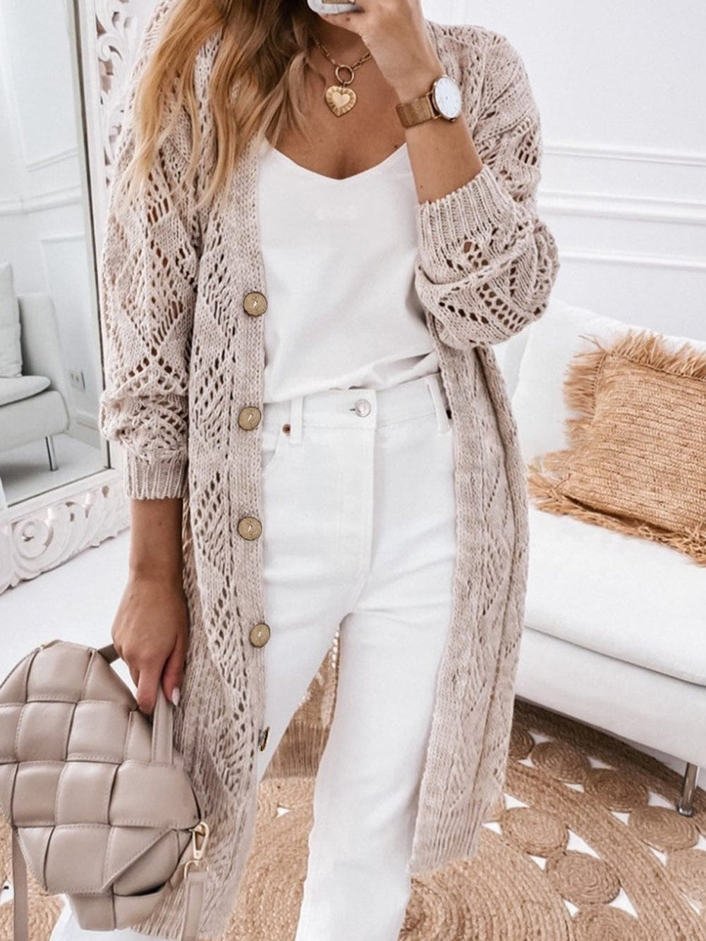 Elegant Khaki Crochet Knit Cardigan with Openwork Detail