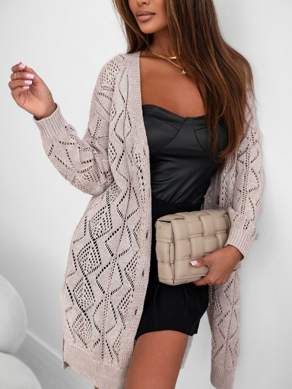 Elegant Khaki Crochet Knit Cardigan with Openwork Detail
