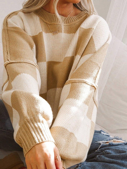 Elegant Khaki Plaid Bishop Sleeve Pullover Sweater