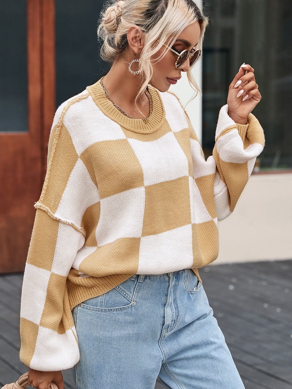 Elegant Khaki Plaid Bishop Sleeve Pullover Sweater