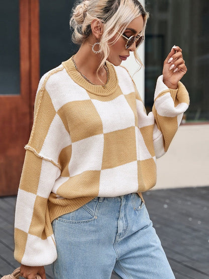 Elegant Khaki Plaid Bishop Sleeve Pullover Sweater