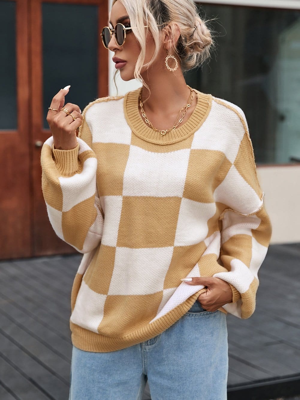 Elegant Khaki Plaid Bishop Sleeve Pullover Sweater