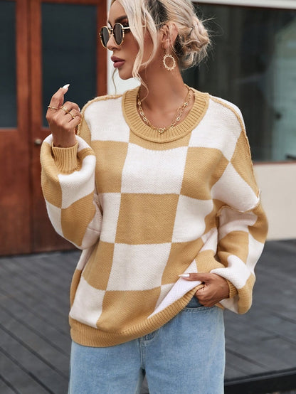 Elegant Khaki Plaid Bishop Sleeve Pullover Sweater