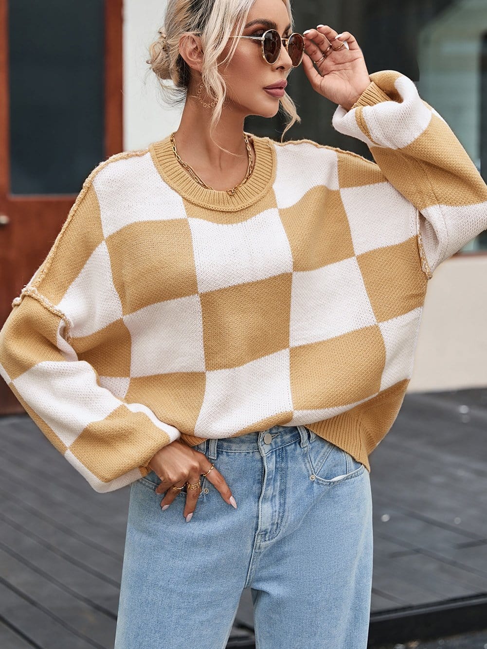 Elegant Khaki Plaid Bishop Sleeve Pullover Sweater