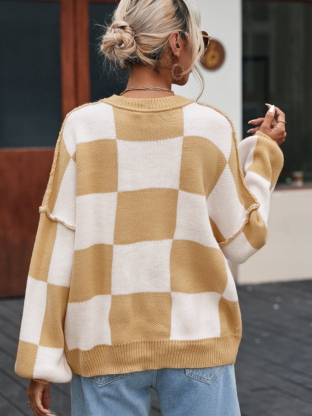 Elegant Khaki Plaid Bishop Sleeve Pullover Sweater