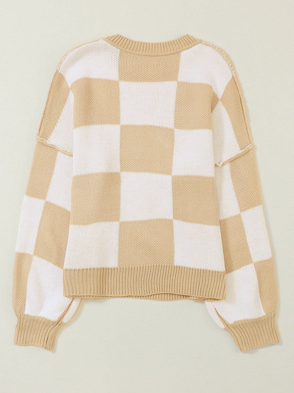 Elegant Khaki Plaid Bishop Sleeve Pullover Sweater