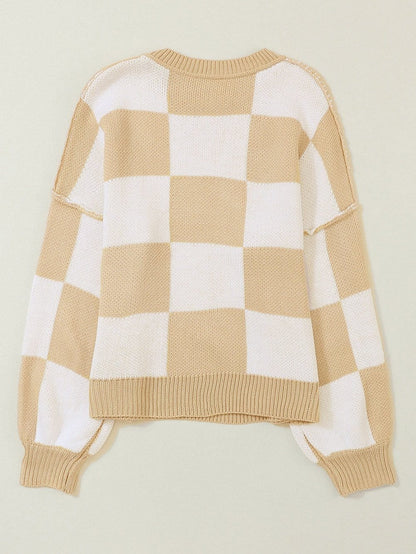 Elegant Khaki Plaid Bishop Sleeve Pullover Sweater
