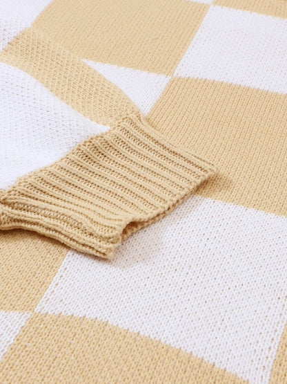 Elegant Khaki Plaid Bishop Sleeve Pullover Sweater