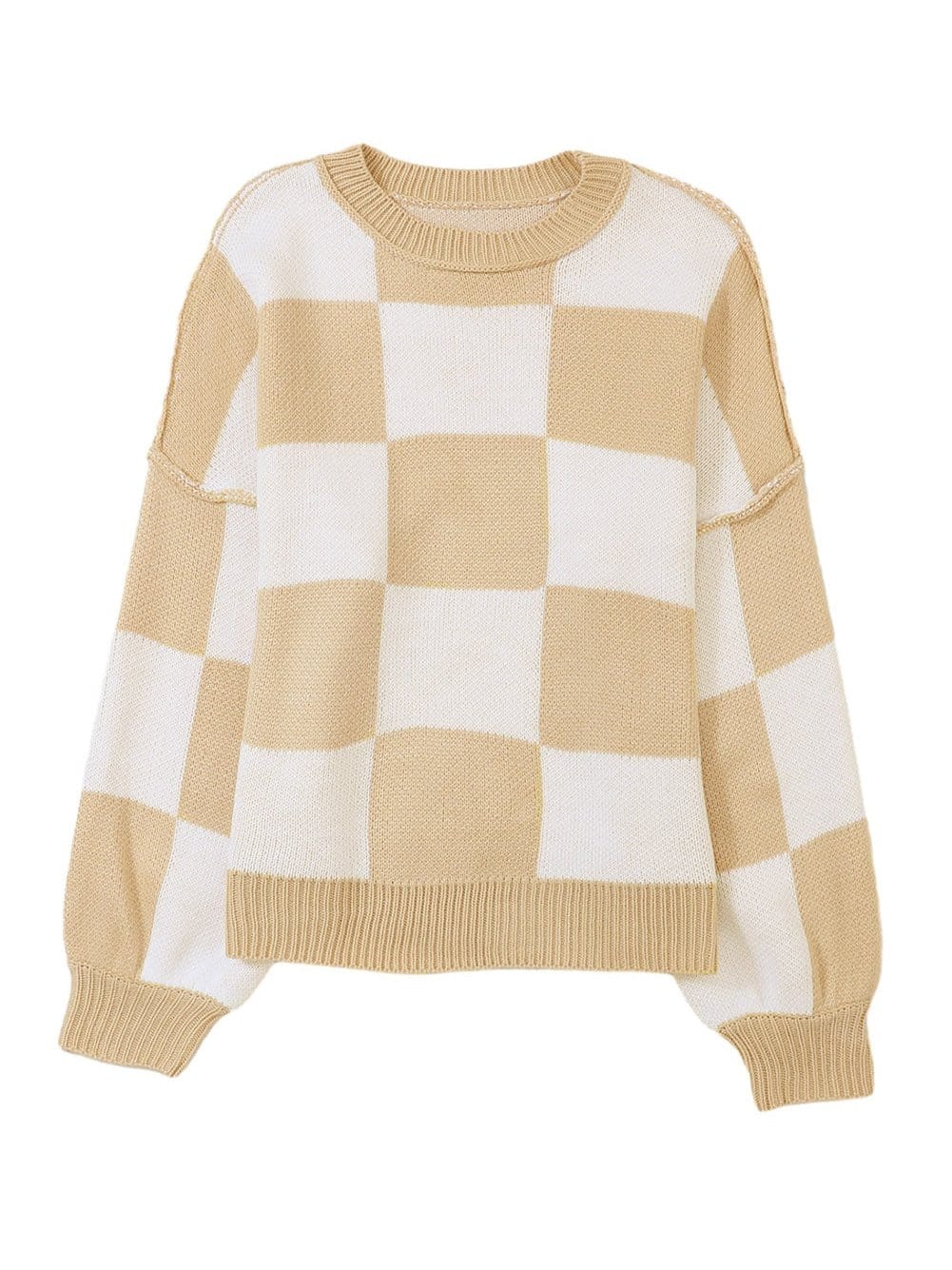 Elegant Khaki Plaid Bishop Sleeve Pullover Sweater