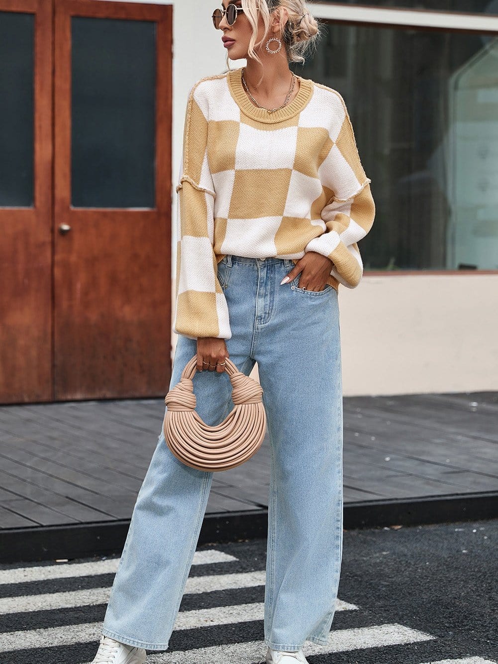 Elegant Khaki Plaid Bishop Sleeve Pullover Sweater