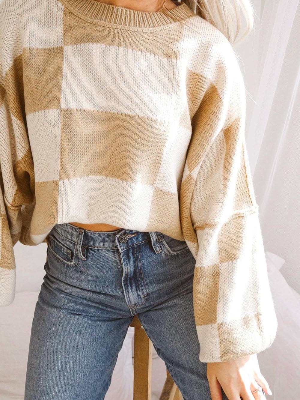 Elegant Khaki Plaid Bishop Sleeve Pullover Sweater
