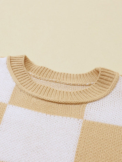 Elegant Khaki Plaid Bishop Sleeve Pullover Sweater