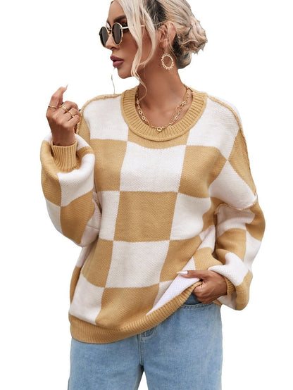 Elegant Khaki Plaid Bishop Sleeve Pullover Sweater