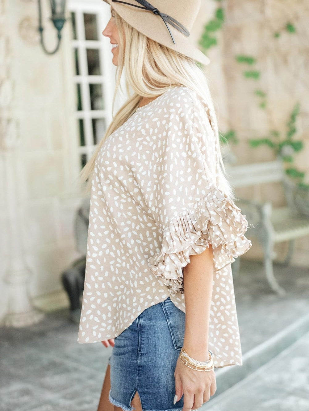 Elegant Khaki Polka Dot Ruffled Sleeve Blouse