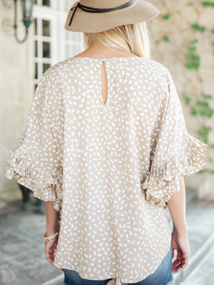 Elegant Khaki Polka Dot Ruffled Sleeve Blouse