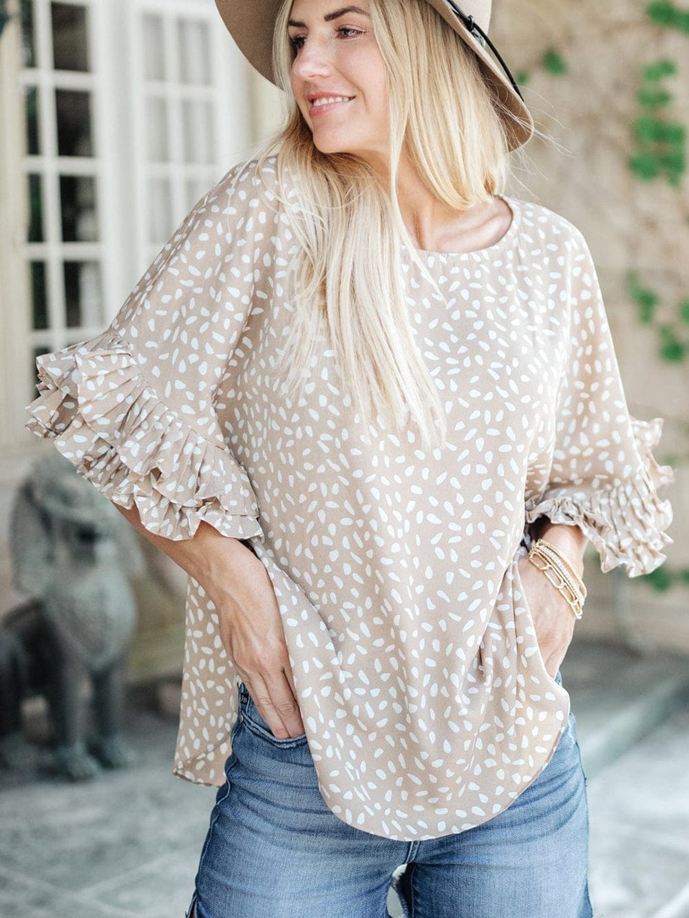 Elegant Khaki Polka Dot Ruffled Sleeve Blouse
