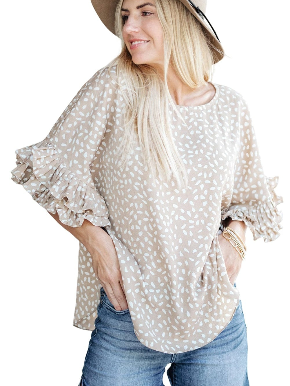 Elegant Khaki Polka Dot Ruffled Sleeve Blouse