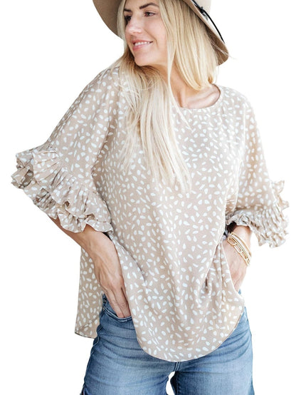 Elegant Khaki Polka Dot Ruffled Sleeve Blouse