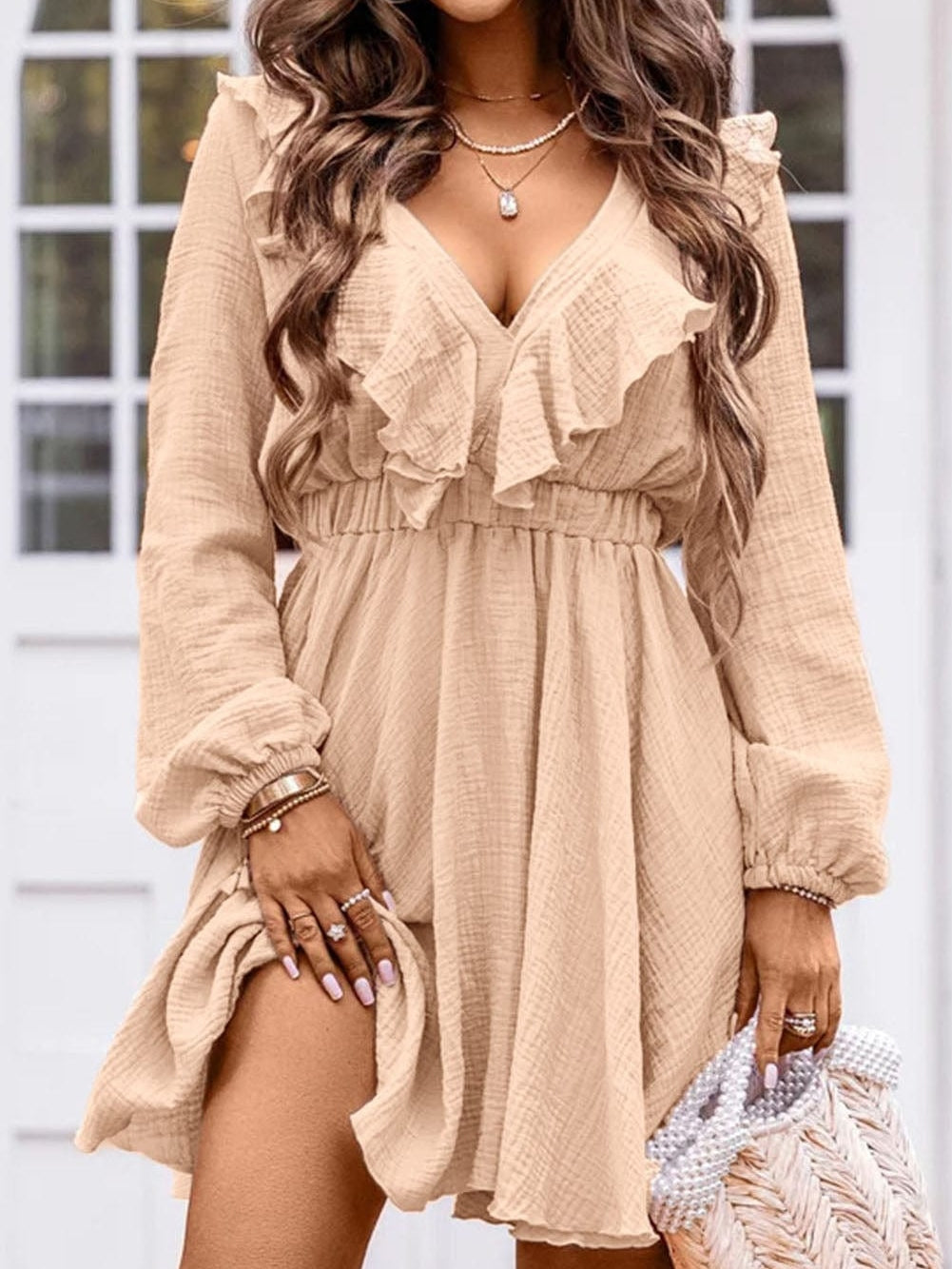 Elegant Khaki Ruffled V Neck Mini Dress with High Waist