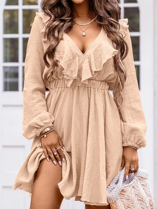 Elegant Khaki Ruffled V Neck Mini Dress with High Waist