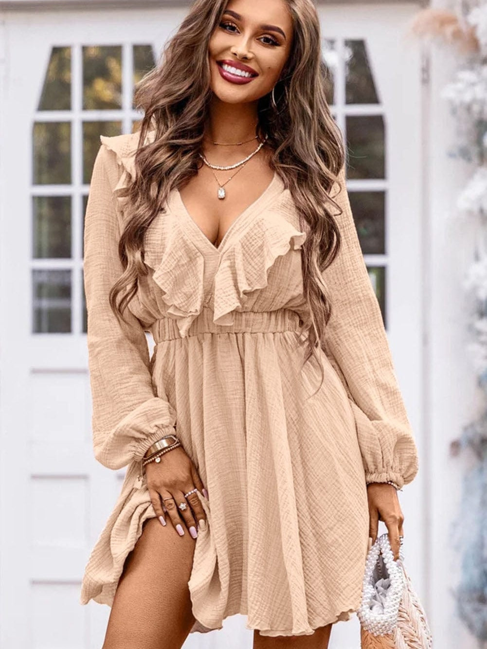 Elegant Khaki Ruffled V Neck Mini Dress with High Waist