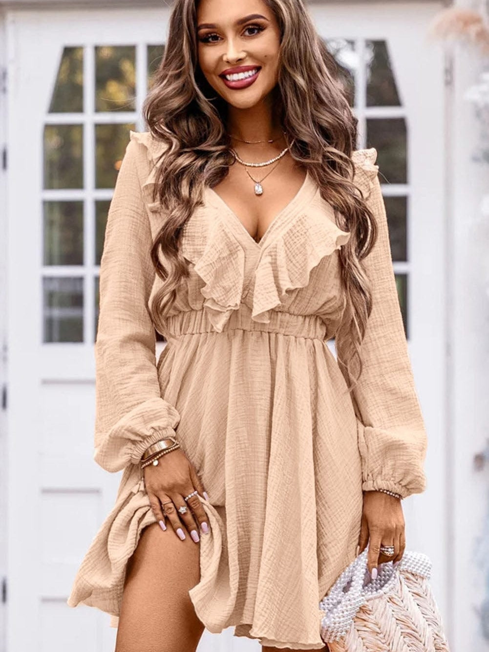 Elegant Khaki Ruffled V Neck Mini Dress with High Waist